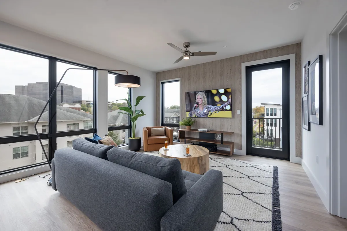 This image captures a comfortable and modern living room setting with a sofa, television, coffee table, plant, and a window view. The space is inviting, filled with natural light, and set up for relaxation, socializing, or entertainment—mirroring the open-concept living area described in the section.