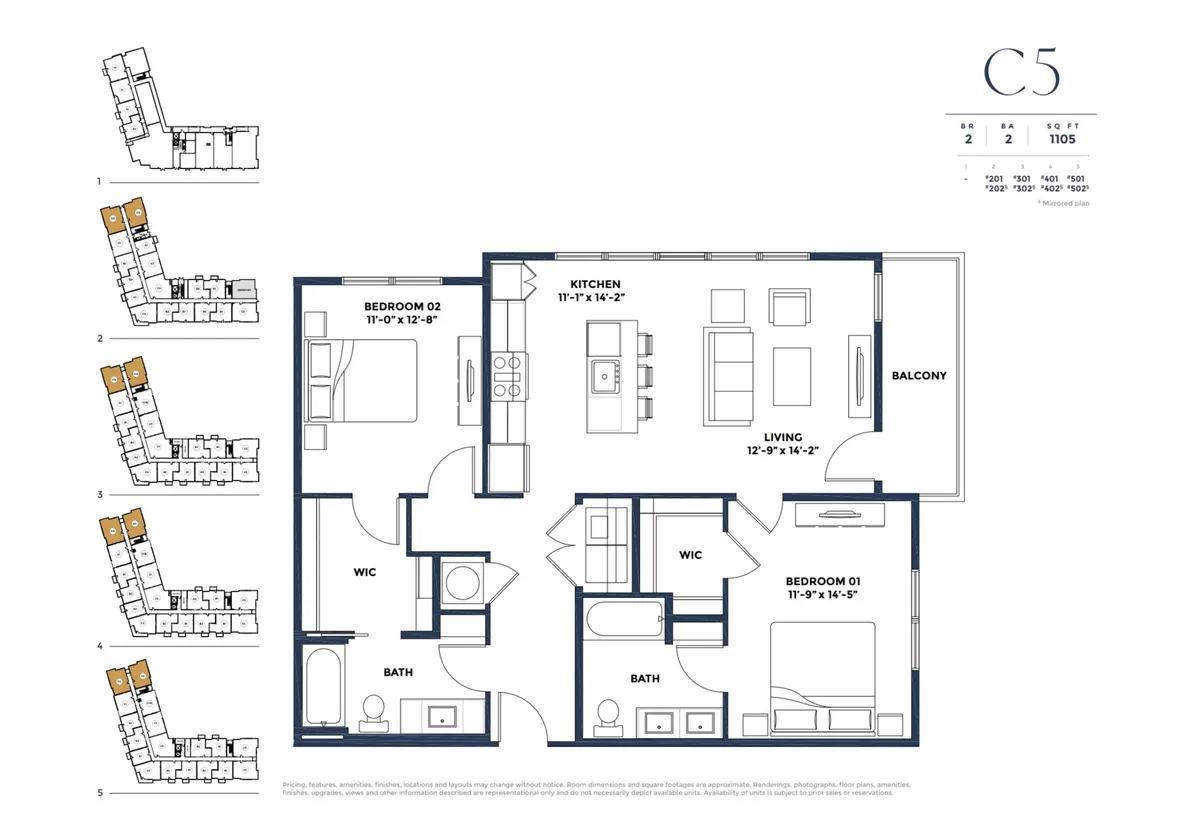 A wide shot showing the overall layout: open living area, modern kitchen, a balcony with city views, and glimpses of two bedrooms. The setting is cozy and functional, emphasizing togetherness and convenience for varied lifestyles.